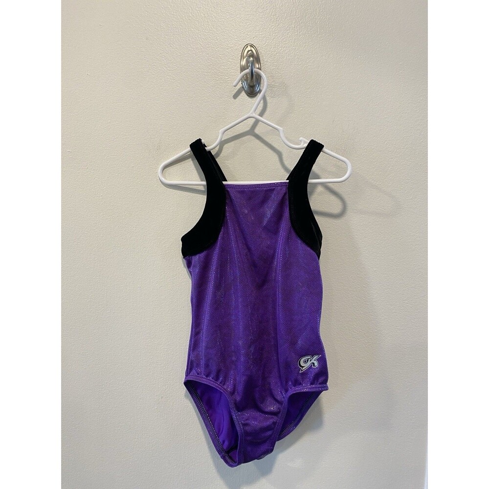 GK Elite Kids Purple Shimmer Gymnastics Leotard Velvet Straps Child Medium CM